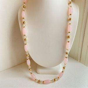 Pale pink lucite vintage beaded necklace frosted with goldtone accents 29 inches
